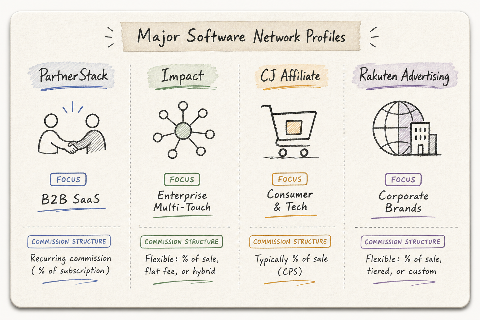 Comparison overview of major affiliate networks hosting software and SaaS programs.