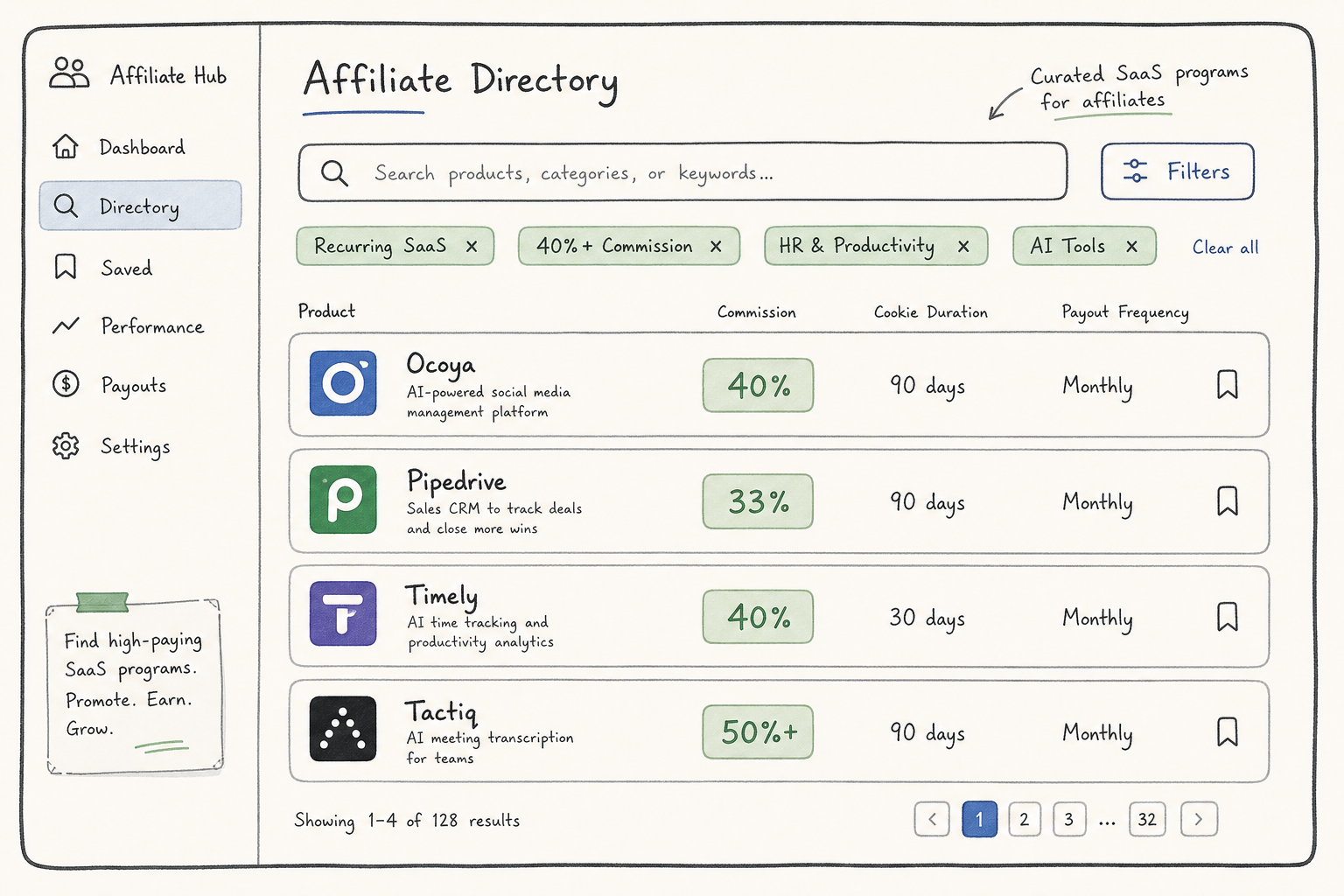 Wireframe mockup of a modern software affiliate database with filtering and transparent commission details.