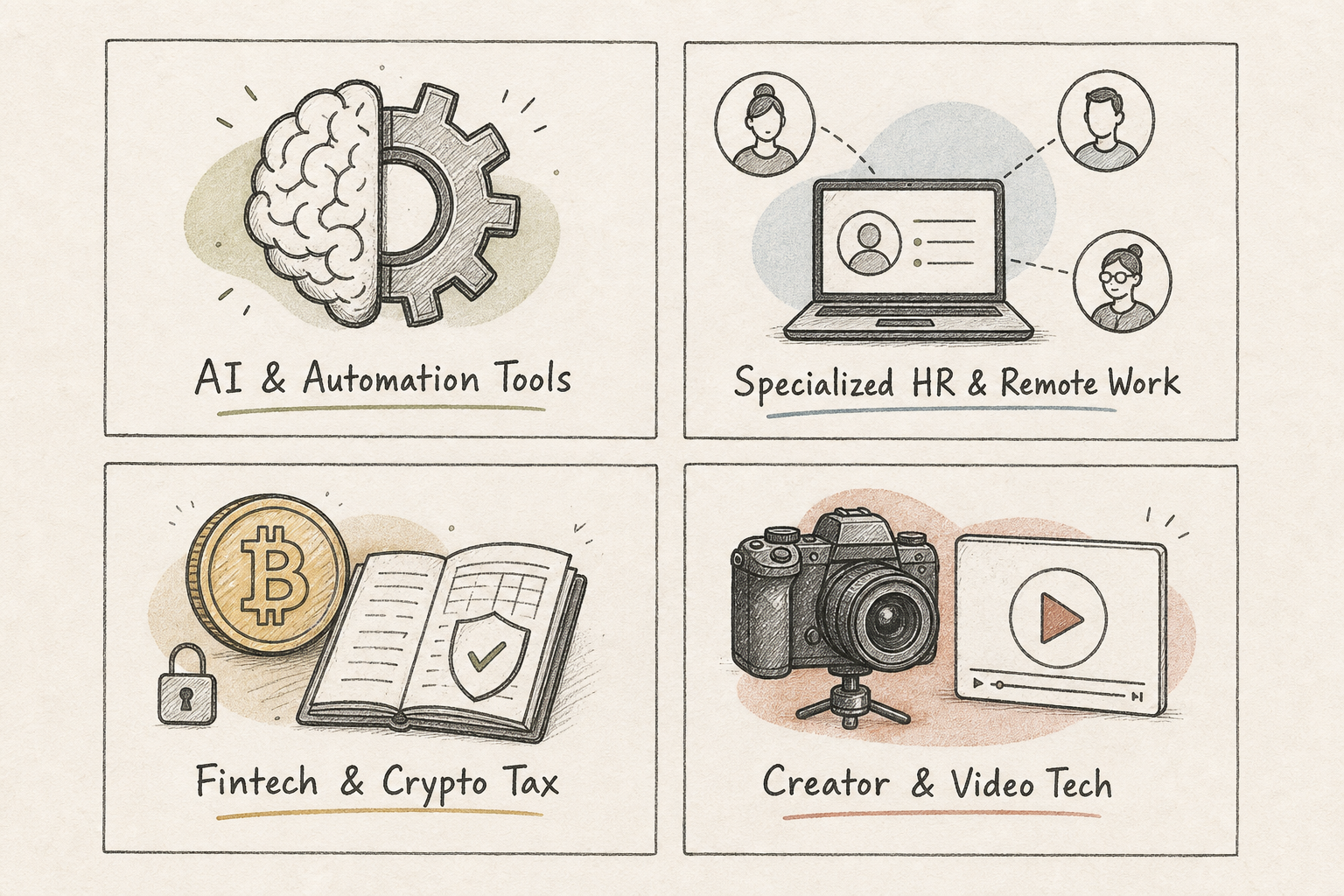 Grid of profitable software niches for affiliate marketers including AI, HR tech, fintech, and creator tools.