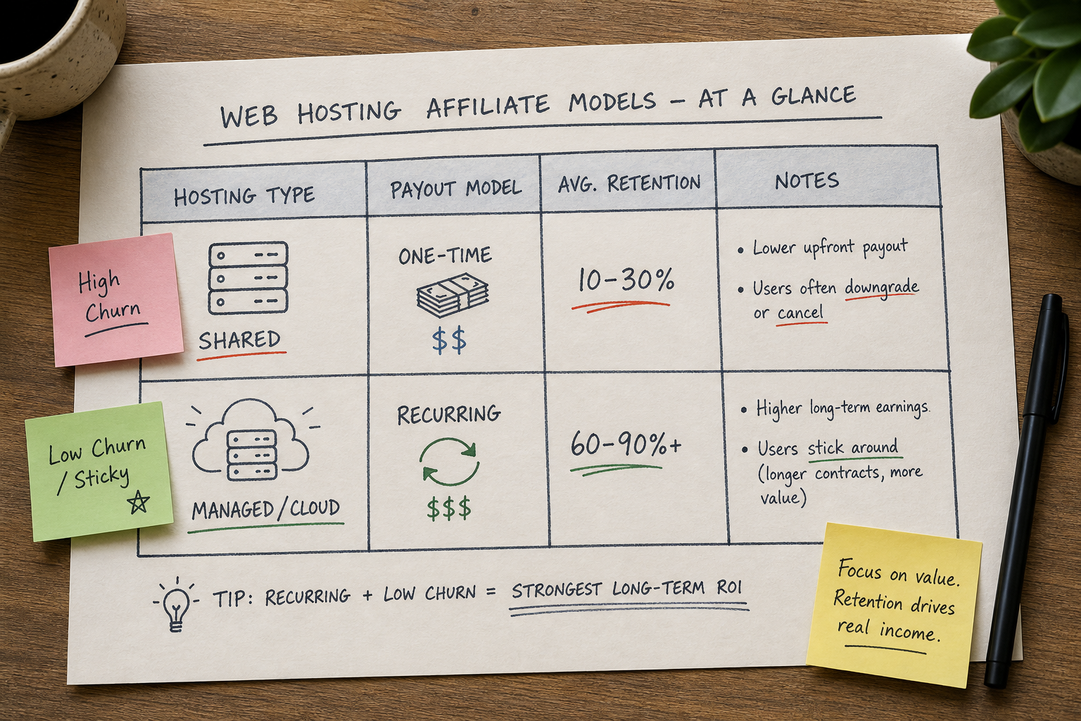 A decision matrix showing why managed cloud hosting offers better customer retention and recurring value than shared hosting.