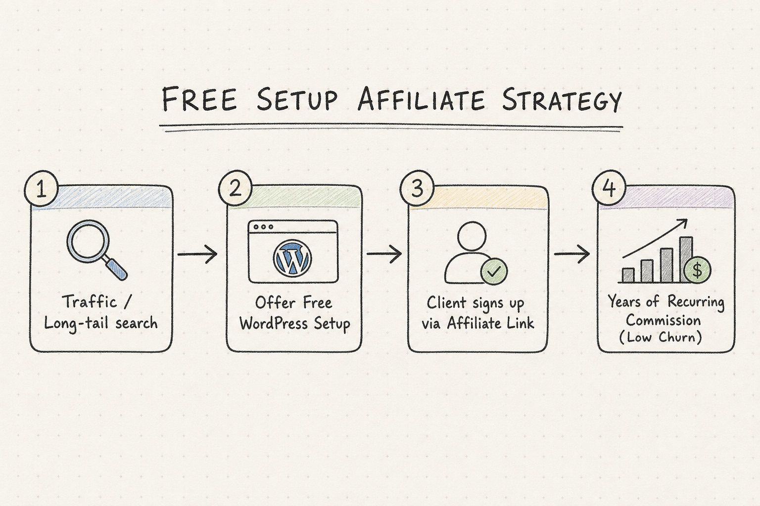 Flowchart outlining the 'Free Setup' strategy to lock in long-term recurring hosting affiliate commissions.