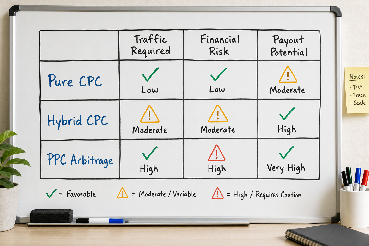 Comparison matrix of Pure CPC, Hybrid CPC, and PPC Arbitrage affiliate models.