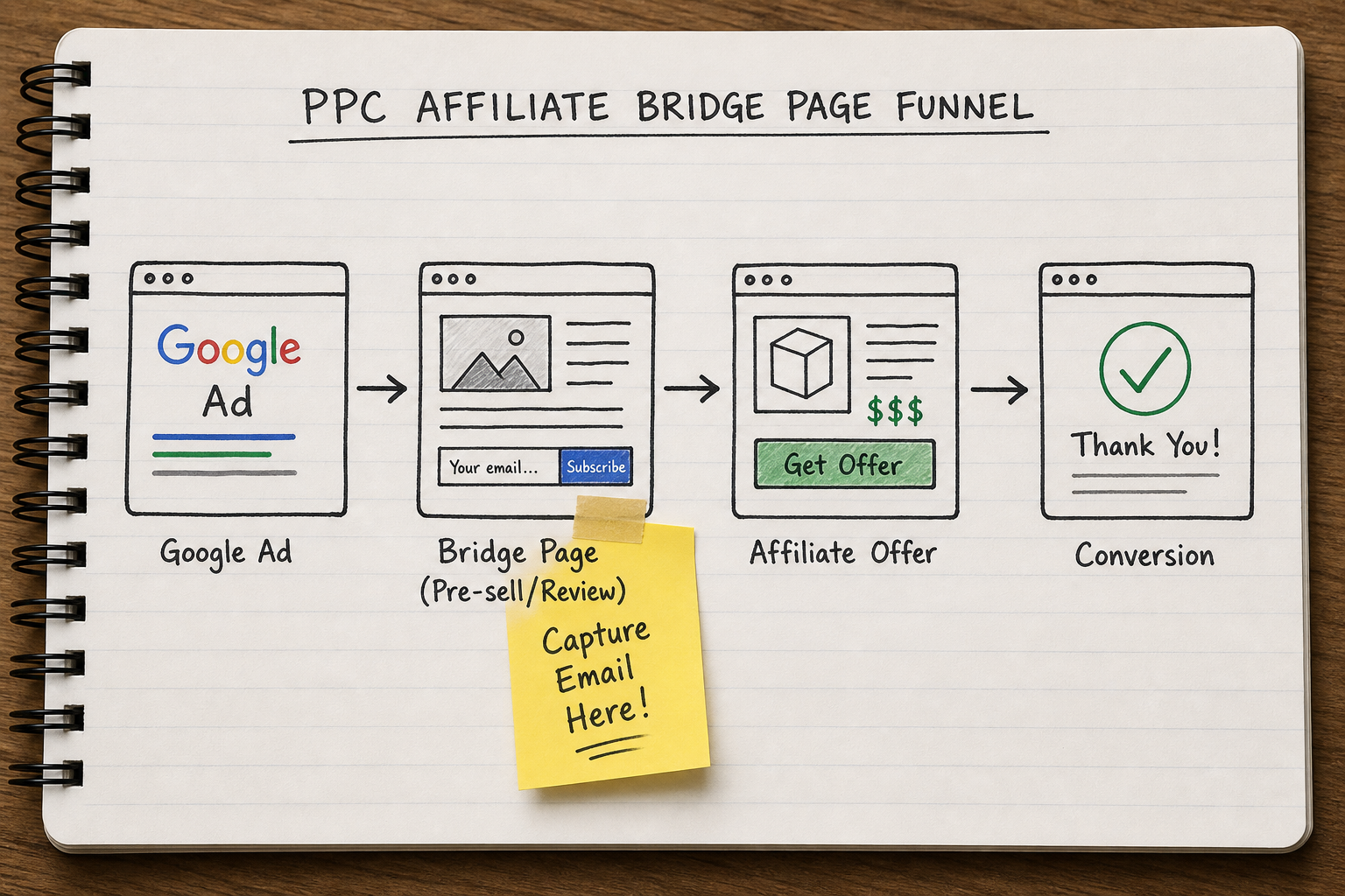 Flowchart showing the journey from a paid ad through a bridge page to the affiliate offer.