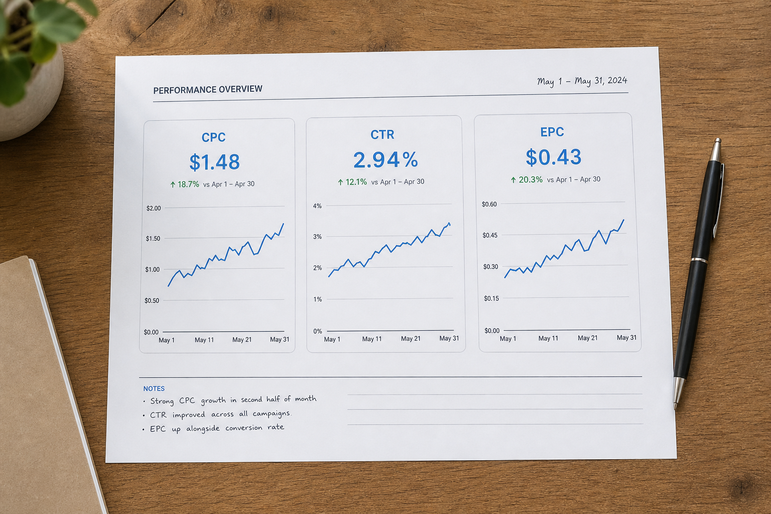 Printed analytics dashboard showing CPC, CTR, and EPC metrics on a desk.
