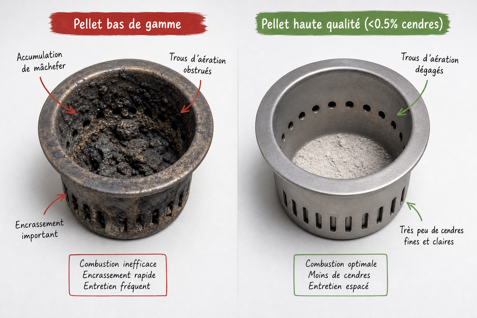 Comparaison entre un creuset encrassé par du mâchefer et un creuset propre avec pellet haute qualité