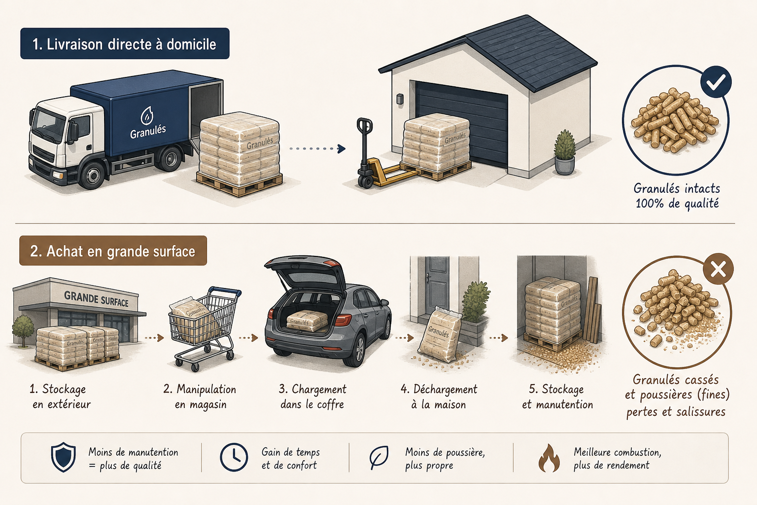 Infographie comparant la livraison directe de pellets à domicile et l'achat en magasin avec manipulation