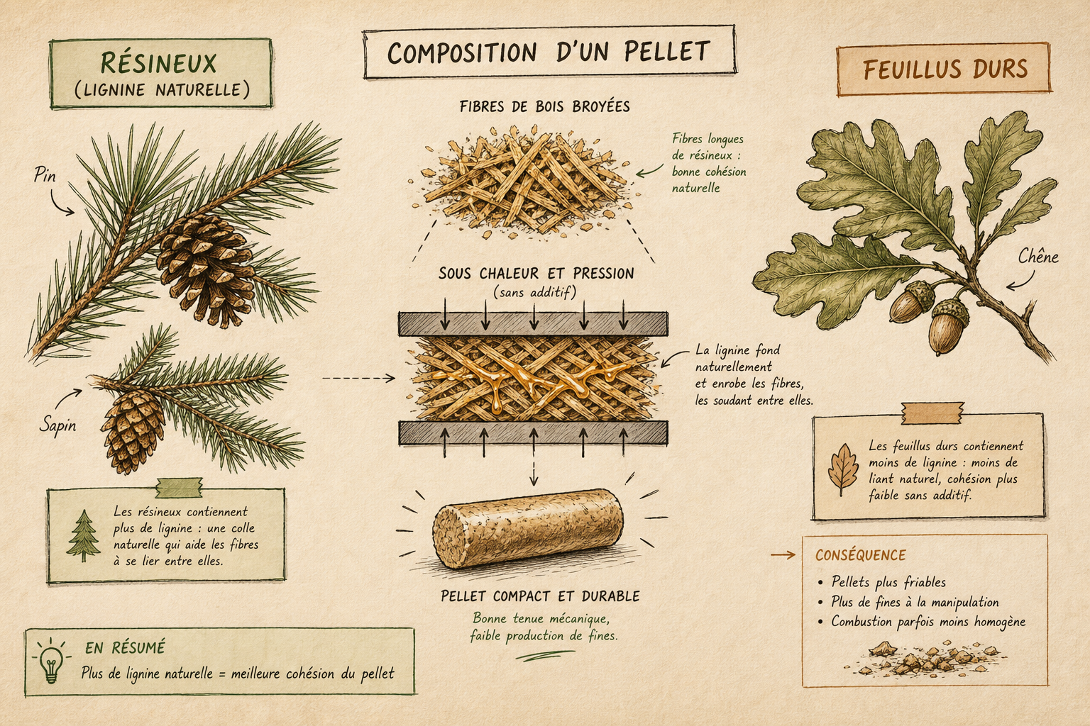 Schéma explicatif du rôle de la lignine naturelle dans les granulés de bois résineux