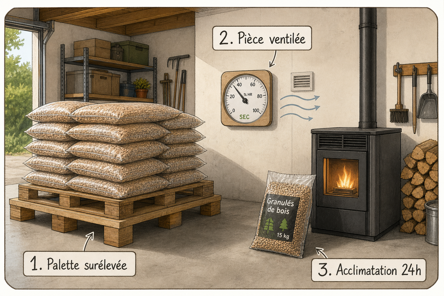 Guide pratique illustré des bonnes pratiques de stockage des granulés de bois dans un garage