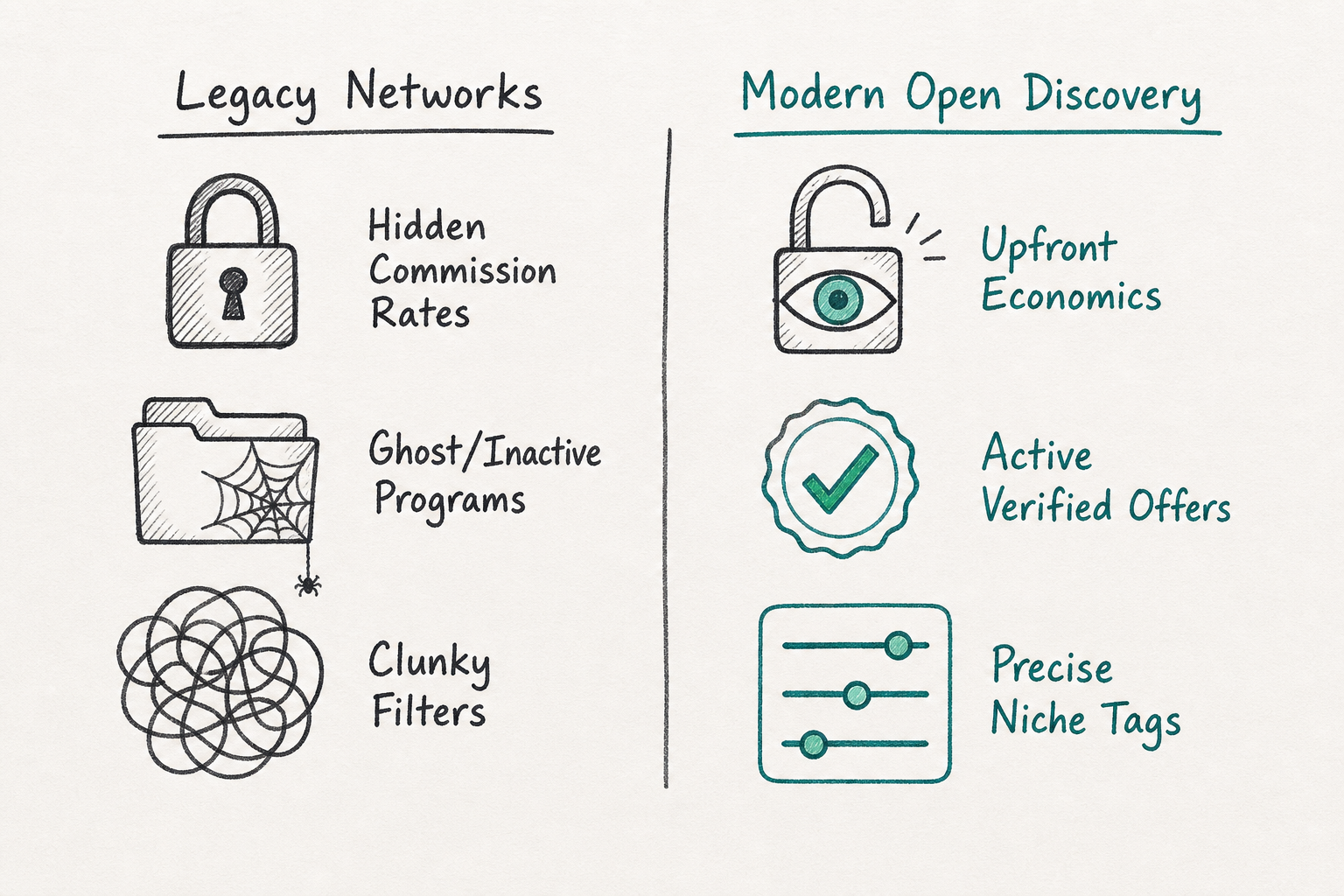Comparison diagram showing legacy affiliate networks versus modern open affiliate discovery platforms.