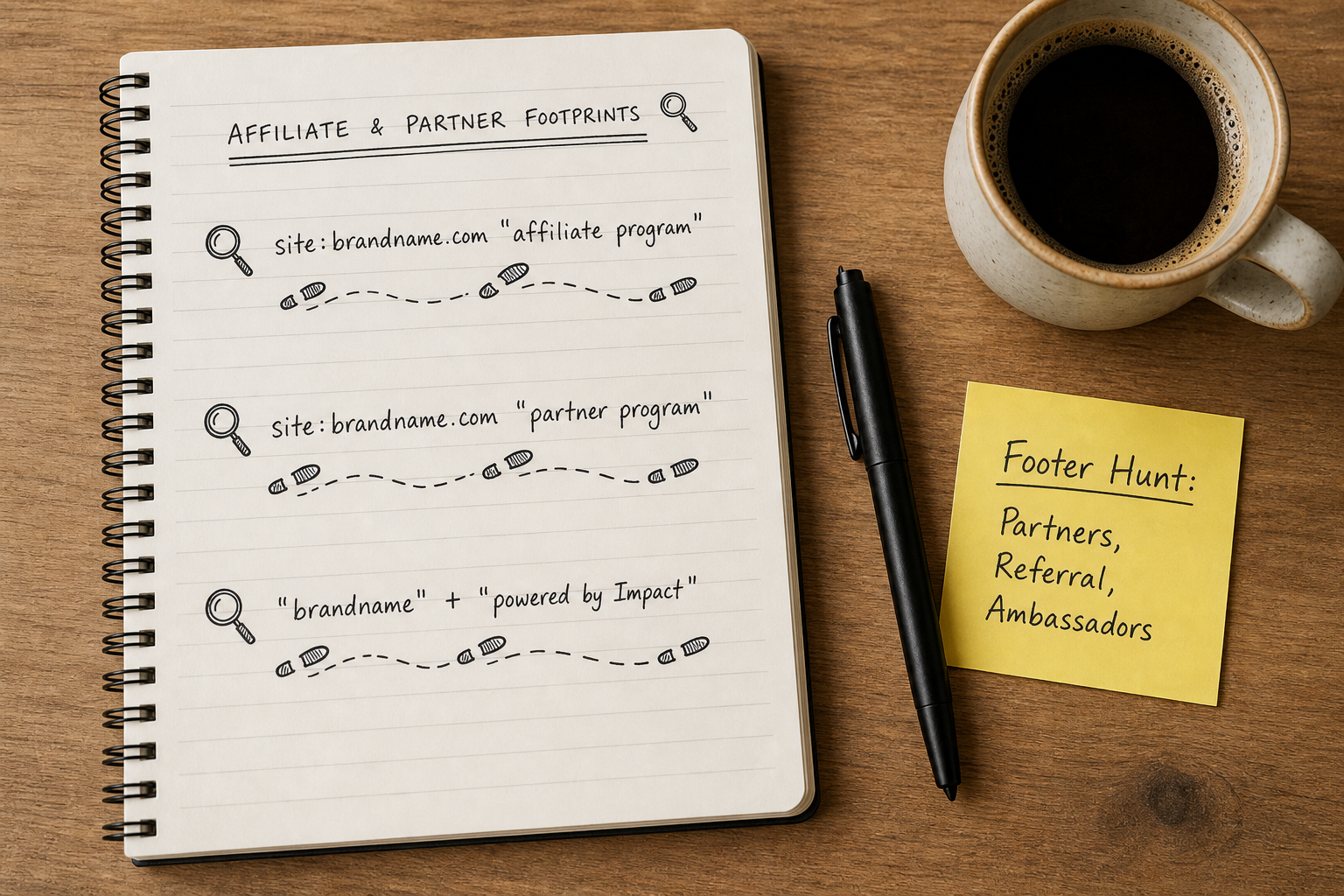 Notebook sketch showing direct brand search operators and footprints to find affiliate programs.