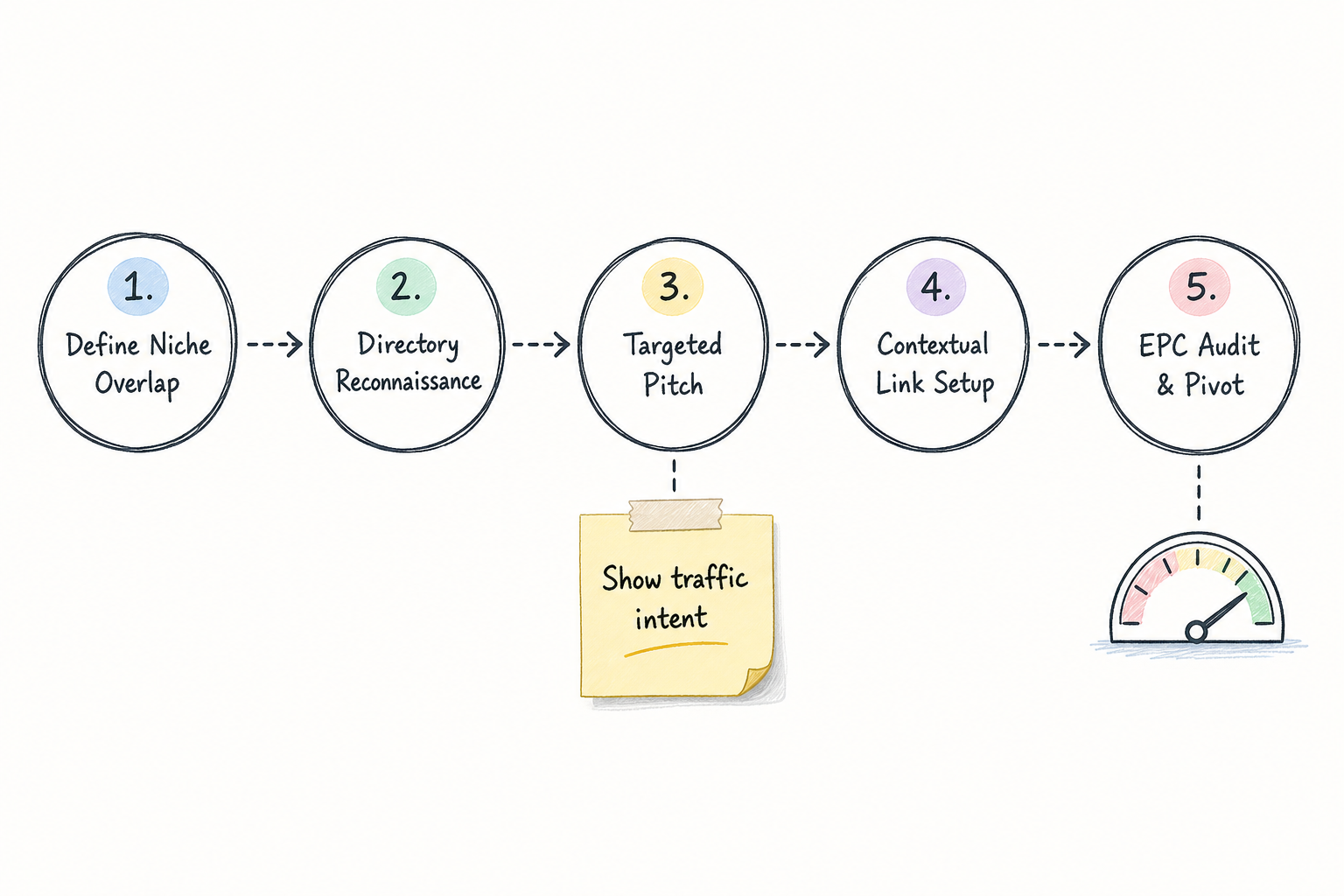 Five-step workflow roadmap to search, pitch, and validate high-paying affiliate partnerships.