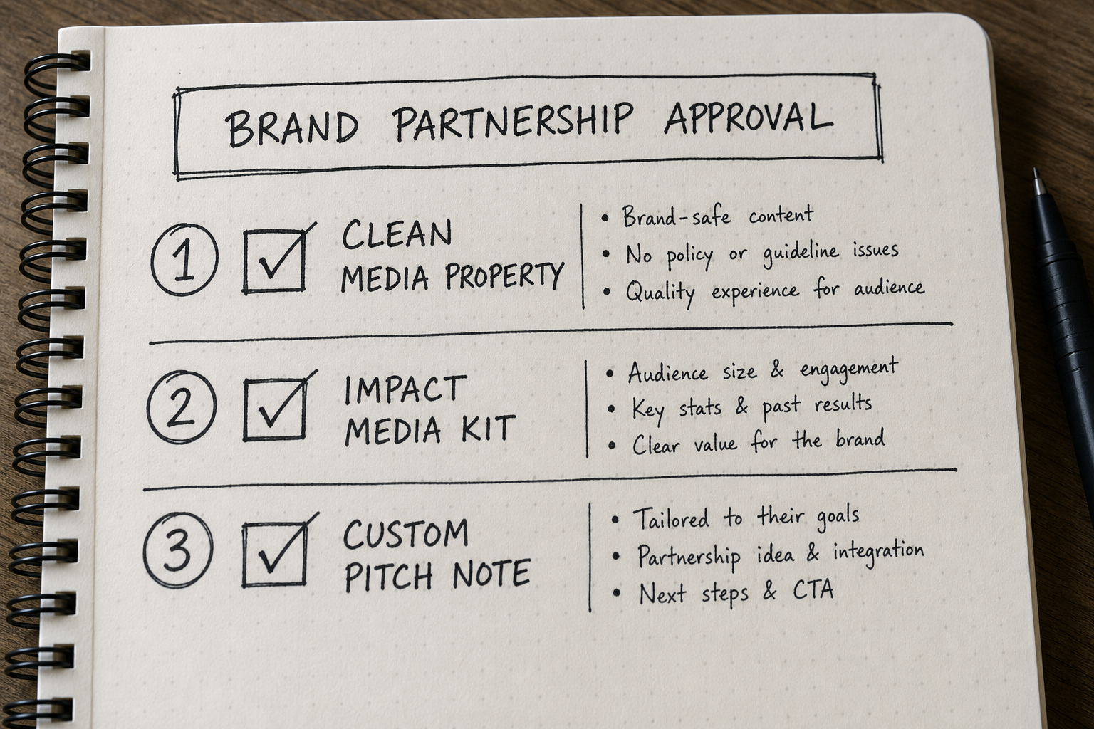 A hand-drawn checklist outlining three steps to get approved for brand partnerships on Impact.
