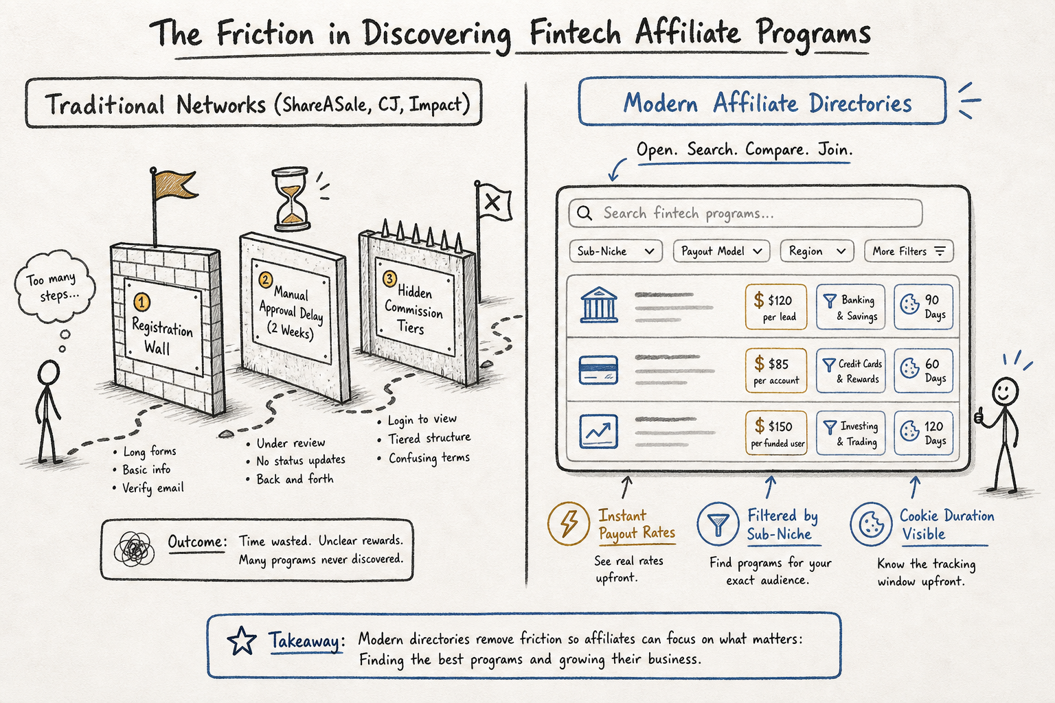 Diagram comparing gated legacy affiliate networks with open, transparent fintech affiliate directories.