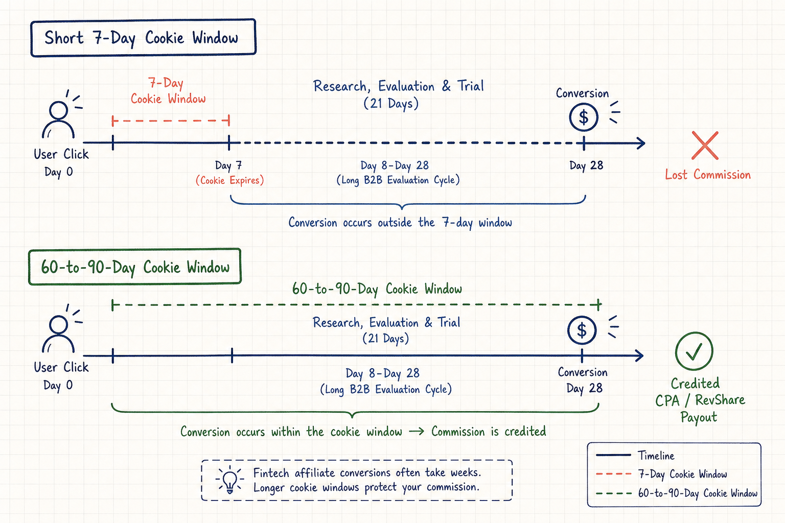 Timeline diagram showing how 60 to 90 day cookie windows protect fintech affiliate commissions during long sales cycles.