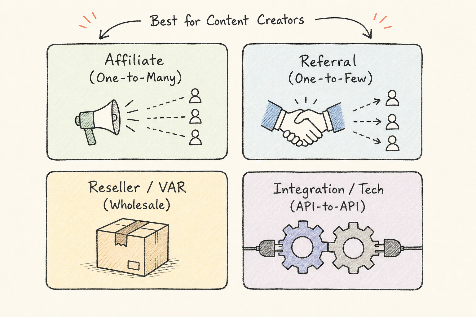 Diagram showing the four types of SaaS partnerships: Affiliate, Referral, Reseller, and Integration.