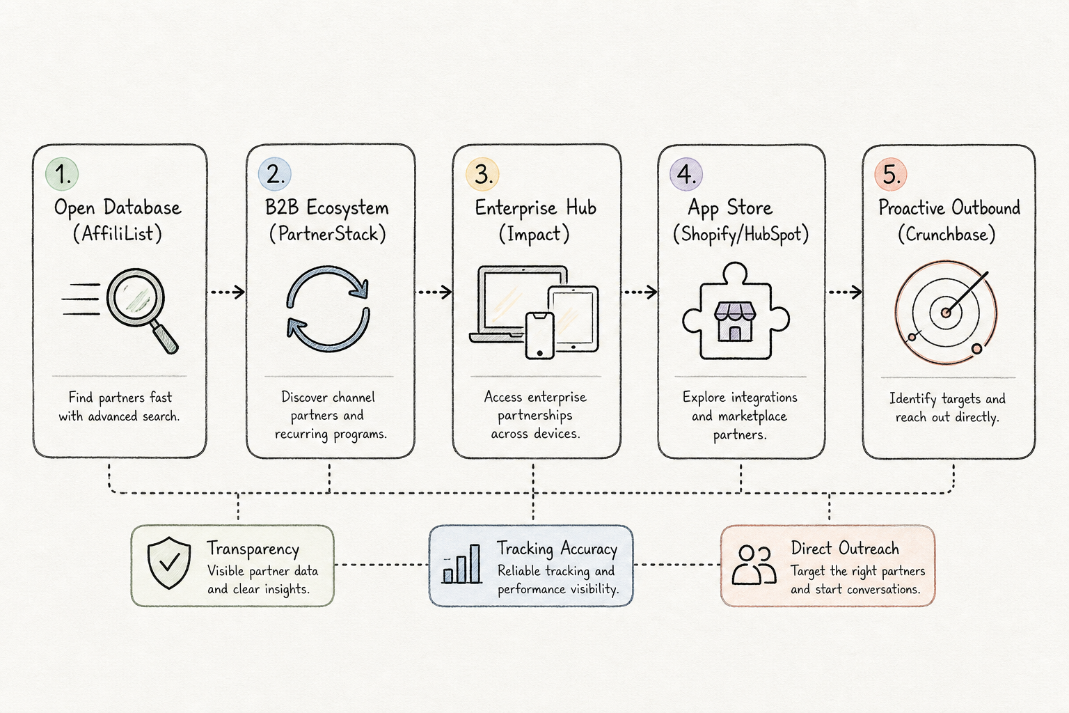 Flowchart showing five discovery channels for B2B SaaS partner programs from open directories to proactive outbound.