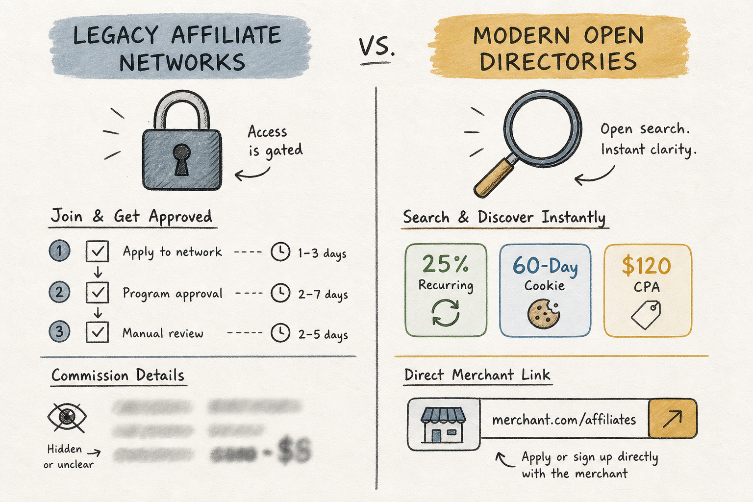 Diagram comparing legacy affiliate network bottlenecks with open directory benefits.