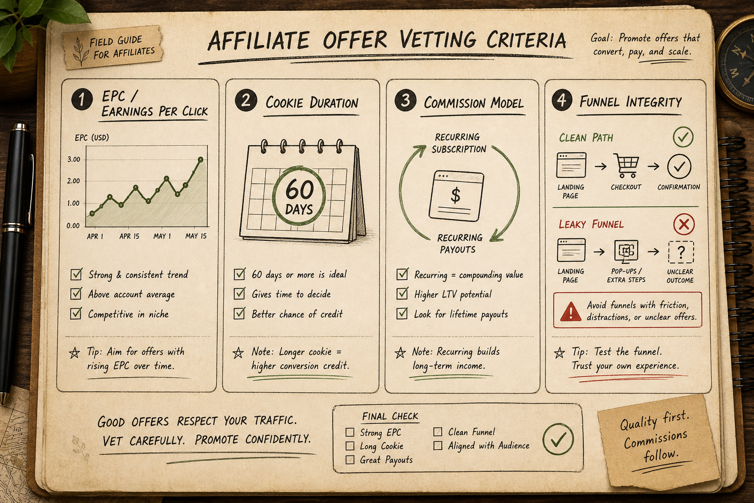 Affiliate offer verification checklist detailing EPC, cookie length, payout models, and funnel health.