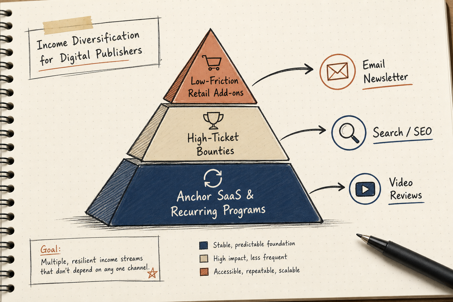 Pyramid diagram showing a diversified affiliate marketing portfolio across recurring SaaS, high-ticket offers, and retail.