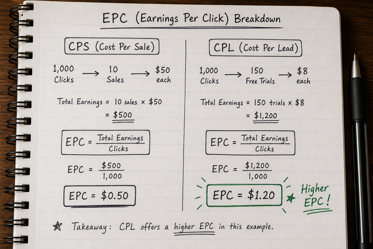 A mathematical comparison showing how Cost Per Lead can result in a higher Earnings Per Click than Cost Per Sale.