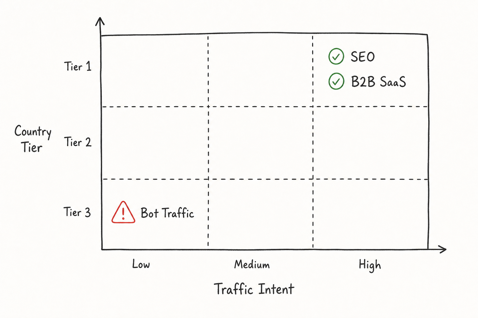 A matrix chart plotting traffic intent against country tiers to illustrate click quality for affiliate programs.