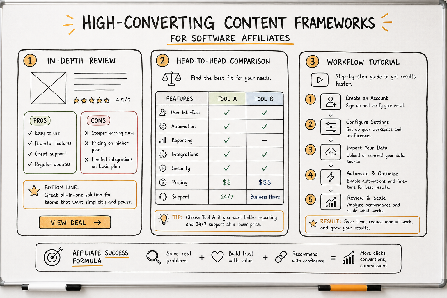 Visual guide showing three commercial affiliate content formats: reviews, comparisons, and workflow tutorials.