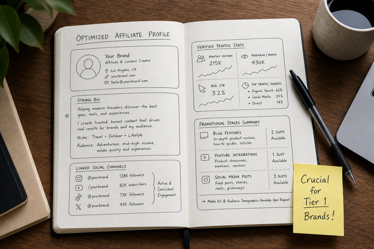 A hand-drawn wireframe sketch in a notebook showing how to optimize an Awin publisher profile