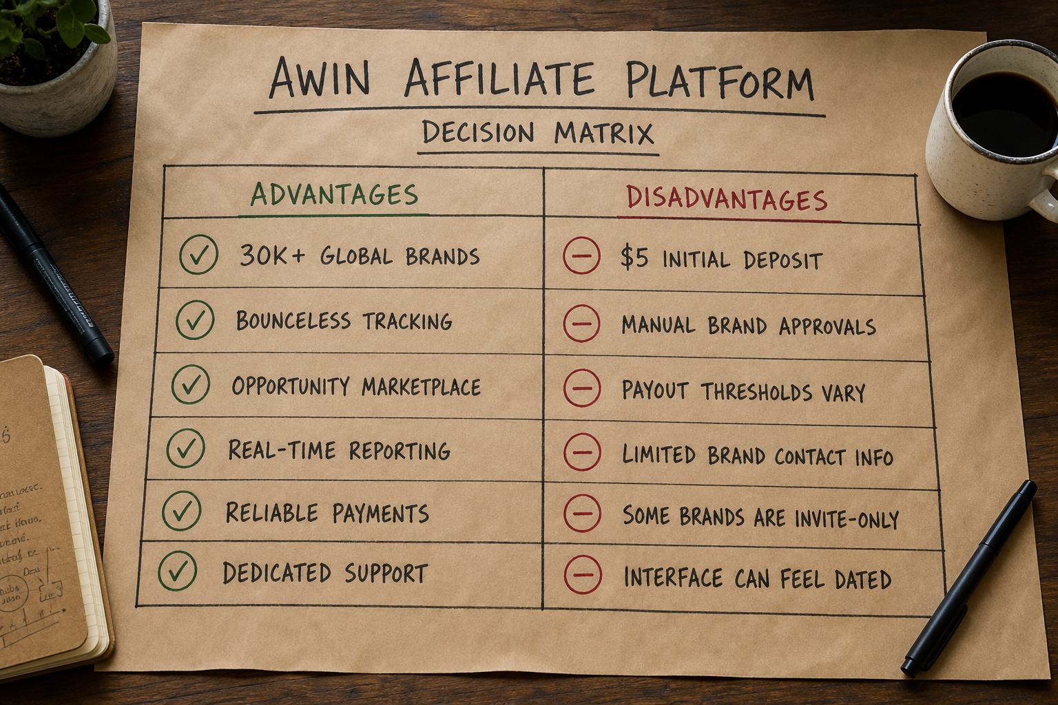 A decision matrix on craft paper outlining the pros and cons of using the Awin network