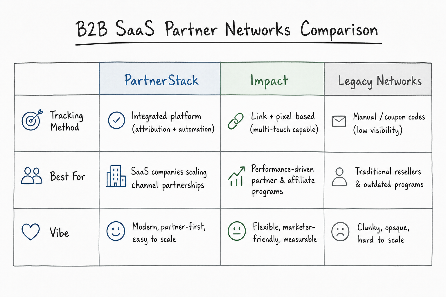Comparison matrix of top B2B SaaS partner networks including PartnerStack and Impact.