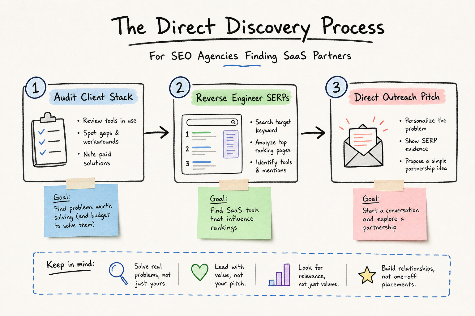 Workflow diagram detailing the direct outbound discovery process for SaaS partnerships.