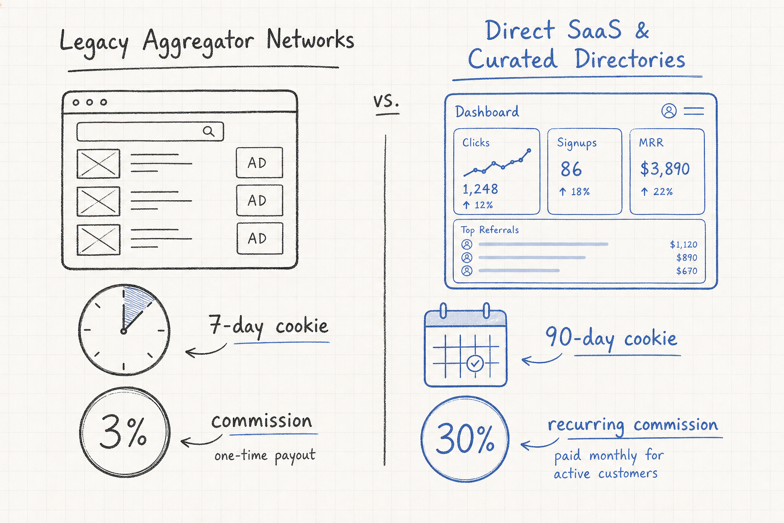 Comparison sketch between legacy affiliate aggregator networks and modern direct SaaS affiliate programs