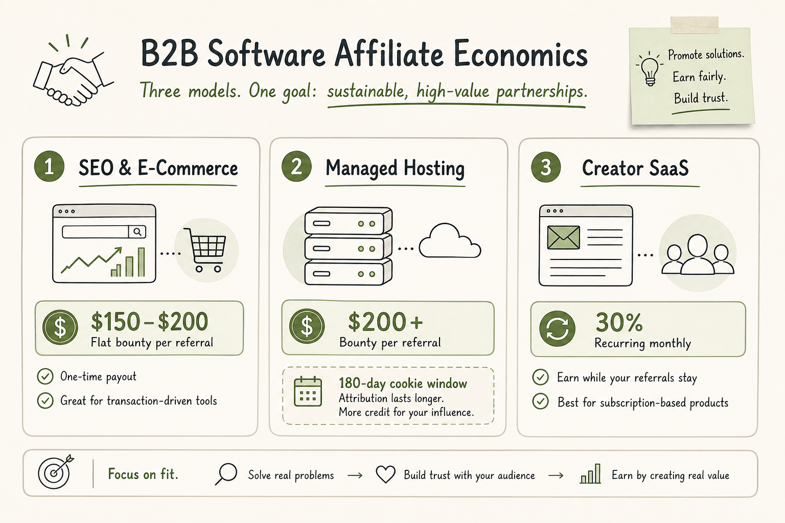 Infographic breaking down commission rates and cookie windows for high-ticket and recurring affiliate software