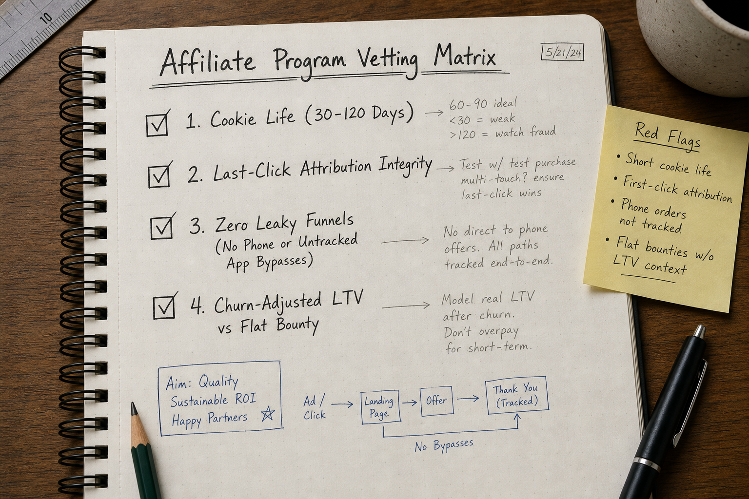 Affiliate program vetting checklist notebook with attribution, cookie duration, and funnel leak criteria
