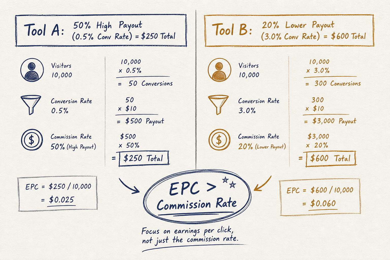Comparison graphic illustrating the math behind conversion rates versus commission percentages and EPC.