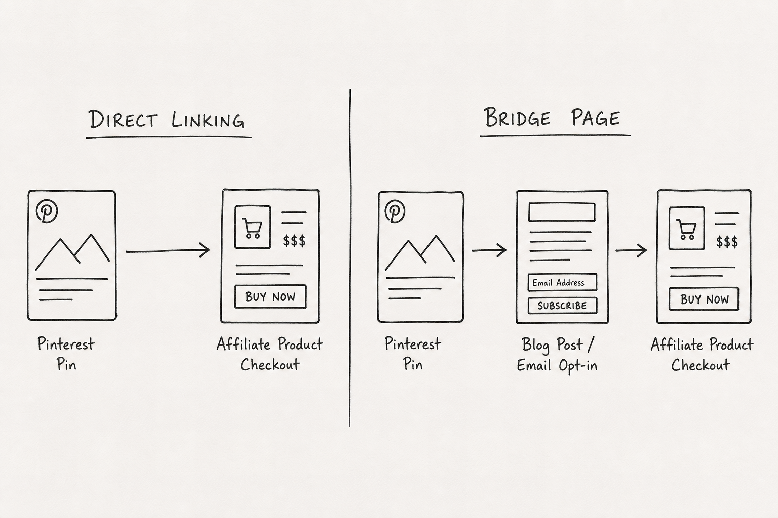 Diagram showing the difference between direct linking and using a bridge page on Pinterest.