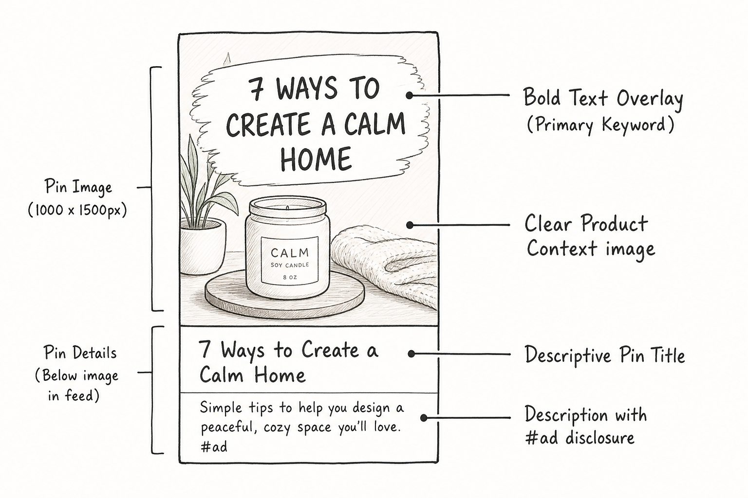 Anatomy of an optimized Pinterest pin showing text overlay, image context, title, and disclosures.