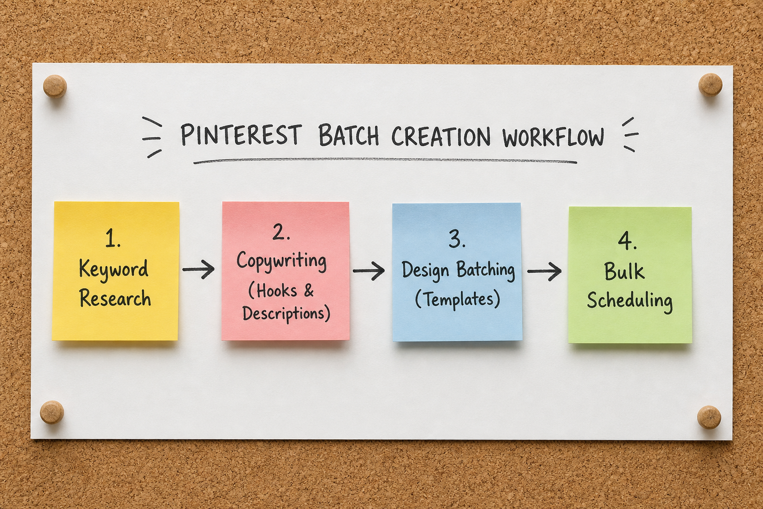 A four-step batch creation workflow for Pinterest affiliate content.