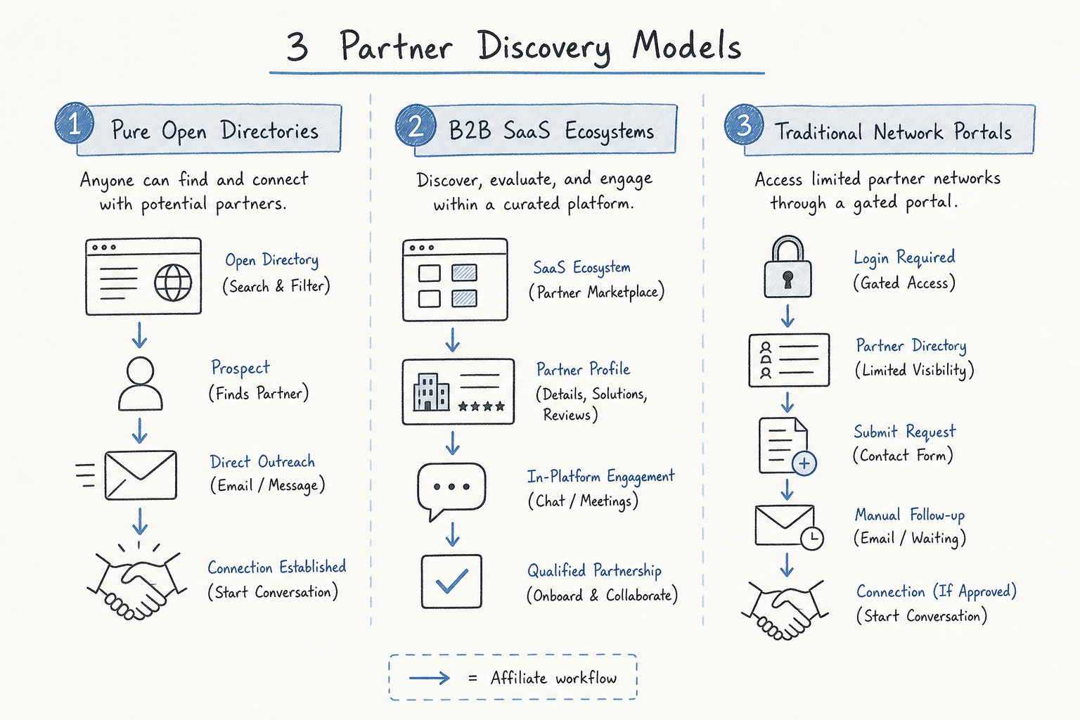 Diagram comparing three main types of affiliate partner program discovery directories.