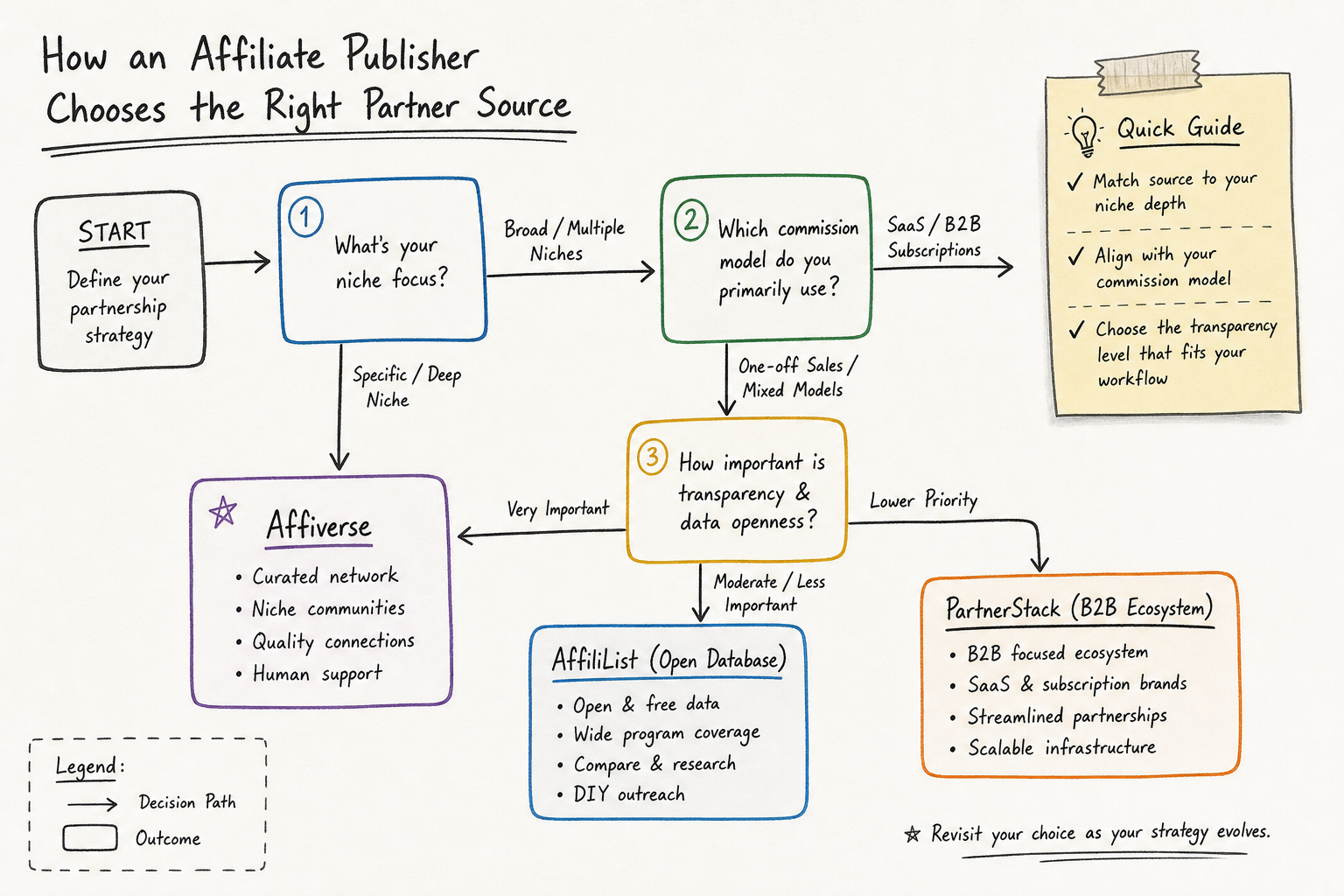 Flowchart showing how to select the best affiliate program directory for your business model.