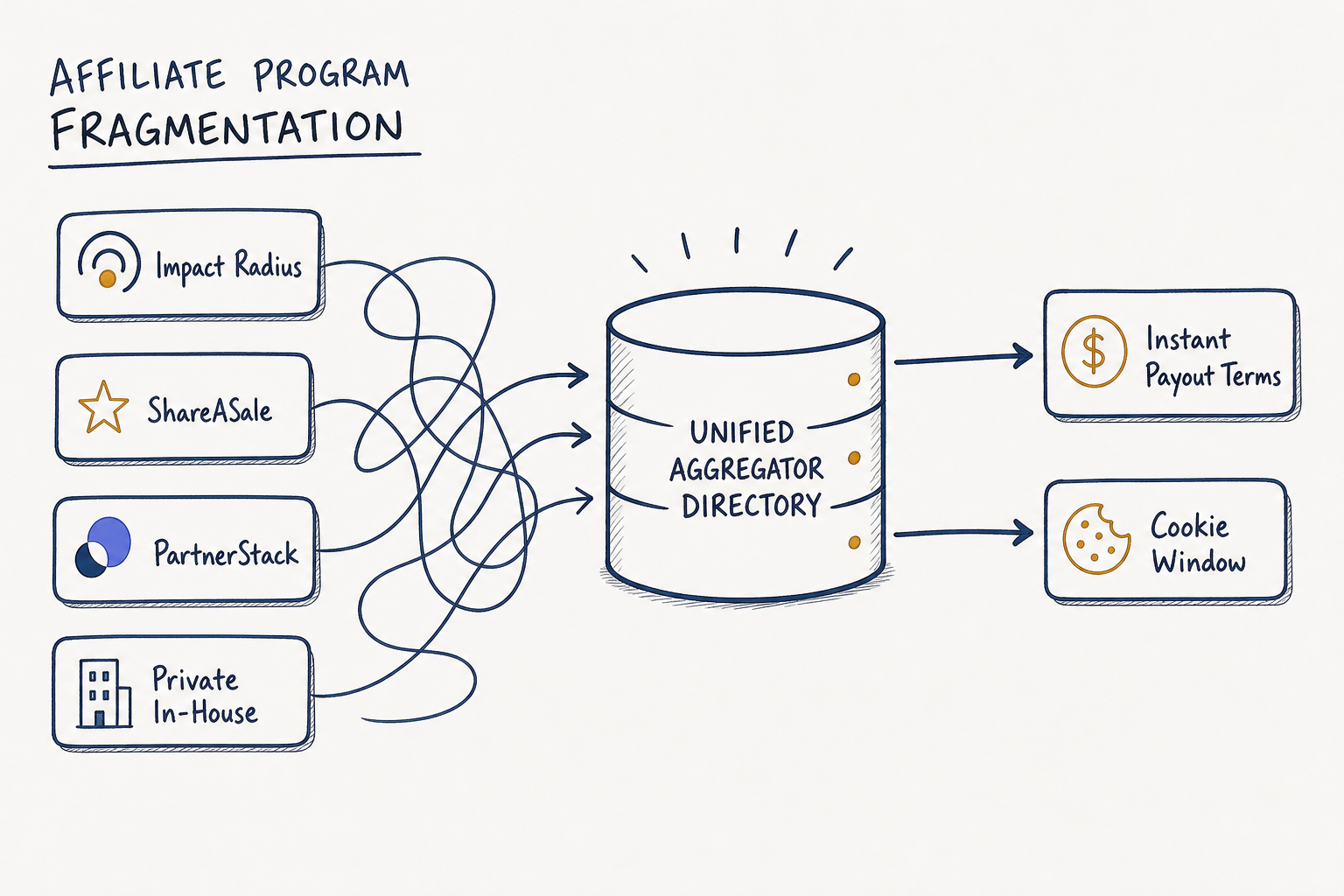 Diagram showing fragmented affiliate networks converging into a centralized aggregator database.