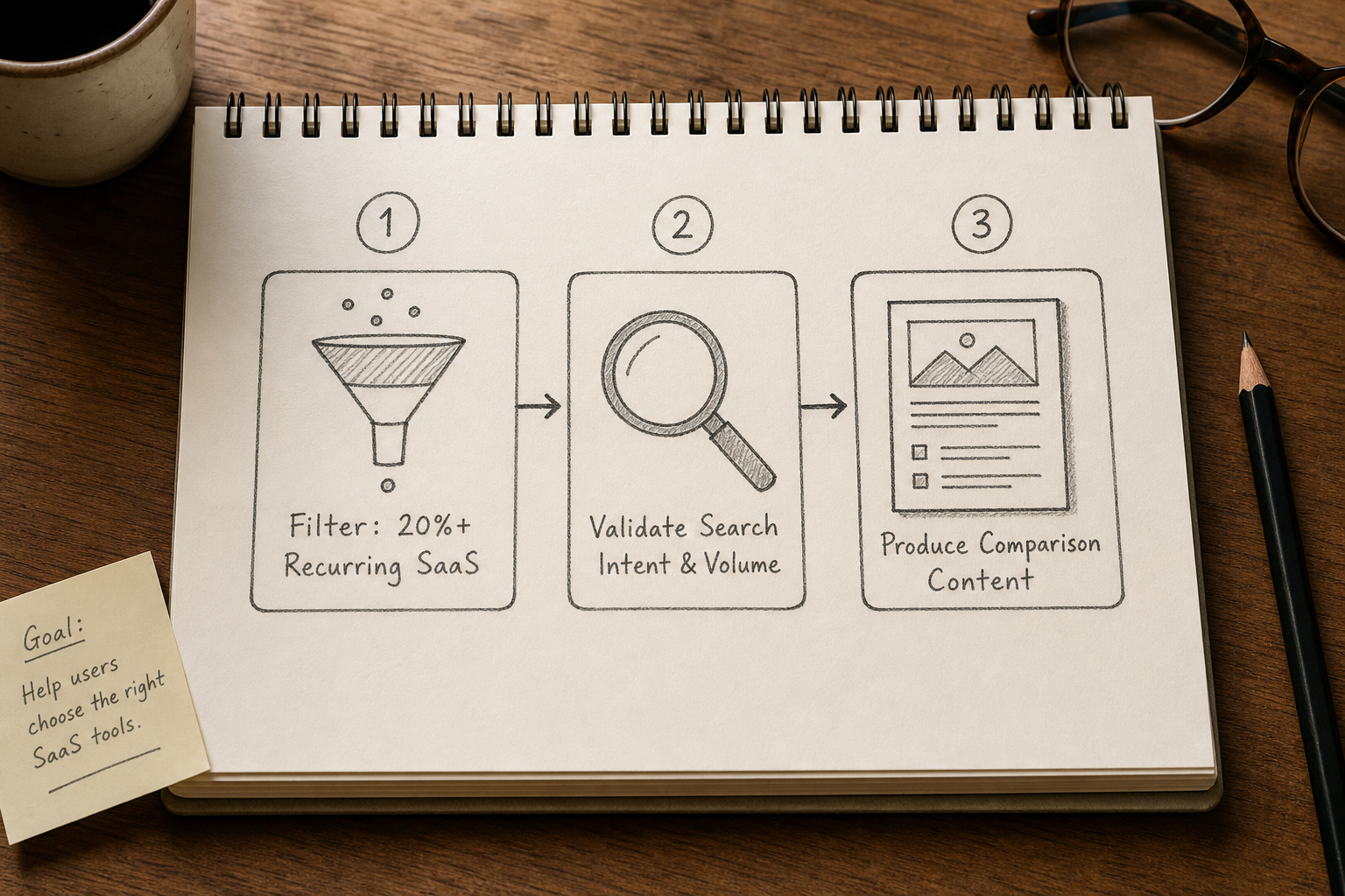 Three-step diagram showing how to reverse-engineer affiliate SEO content using directory data.