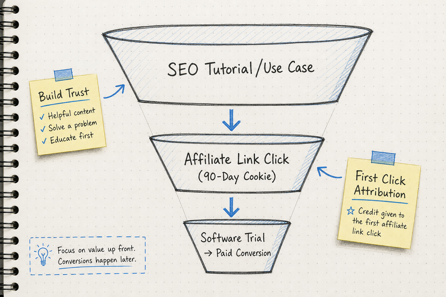 Funnel diagram showing the B2B affiliate marketing customer journey from tutorial to software trial.