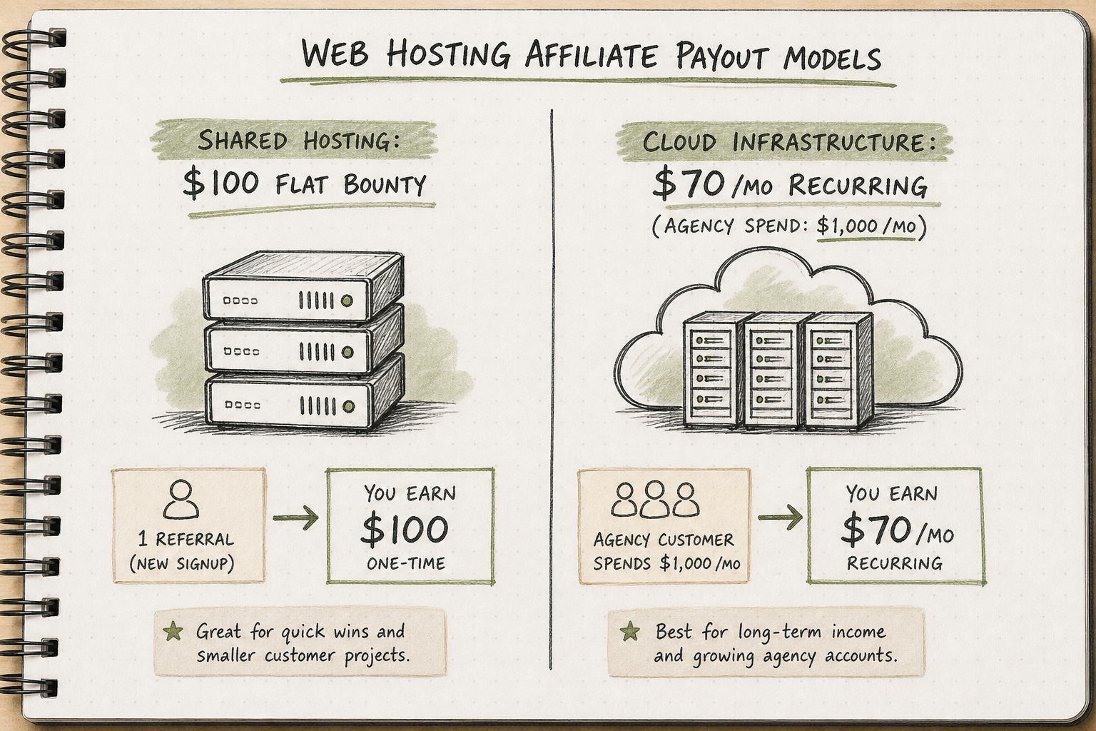Infographic comparing high one-time flat hosting payouts against high-ticket recurring cloud infrastructure commissions.