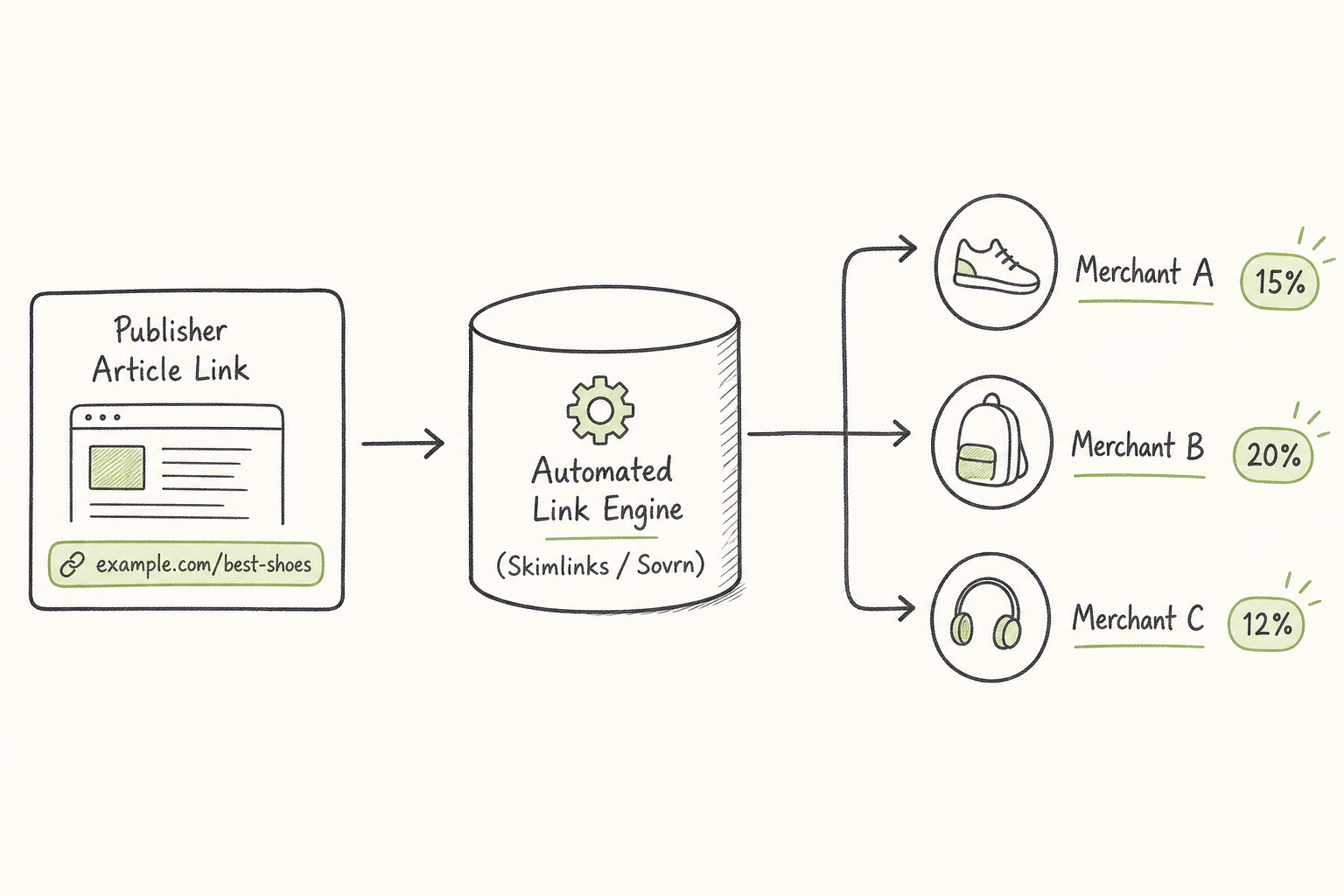 Flowchart illustrating how a sub-affiliate monetization engine dynamically routes product links to top affiliate networks.