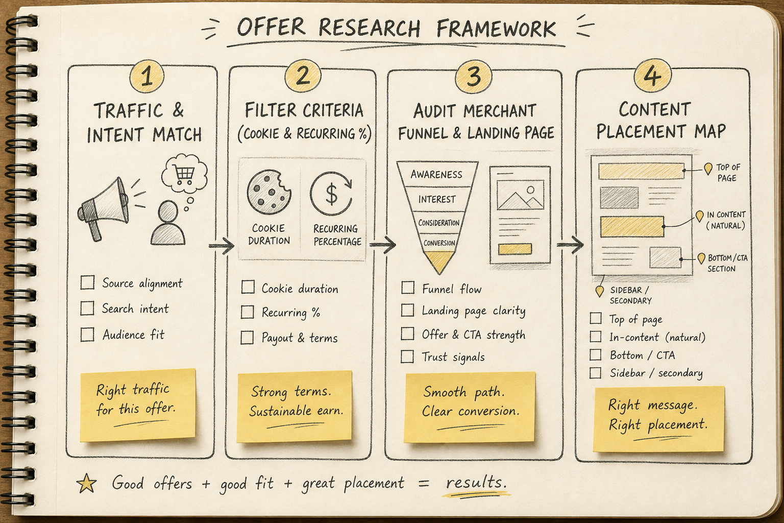 Step-by-step decision framework diagram for finding and auditing high-converting affiliate offers.