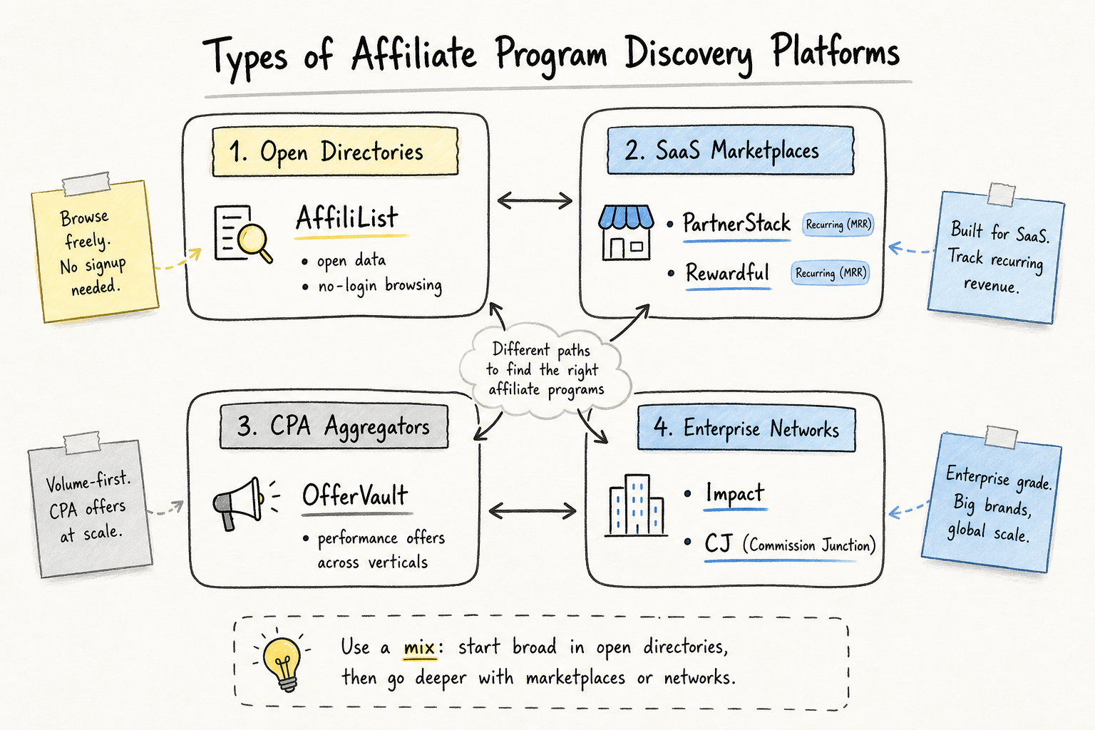 Hand-drawn whiteboard diagram categorizing affiliate discovery platforms into open directories, SaaS marketplaces, and CPA ag