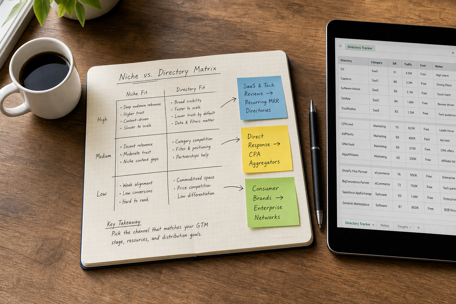 Top-down view of an open notebook with handwritten notes and color sticky notes mapping affiliate traffic niches to discovery