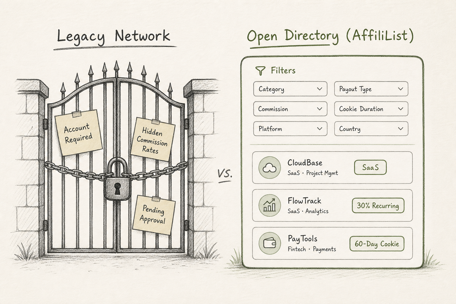 Side-by-side visual comparison between a closed legacy affiliate network and an open transparent directory.