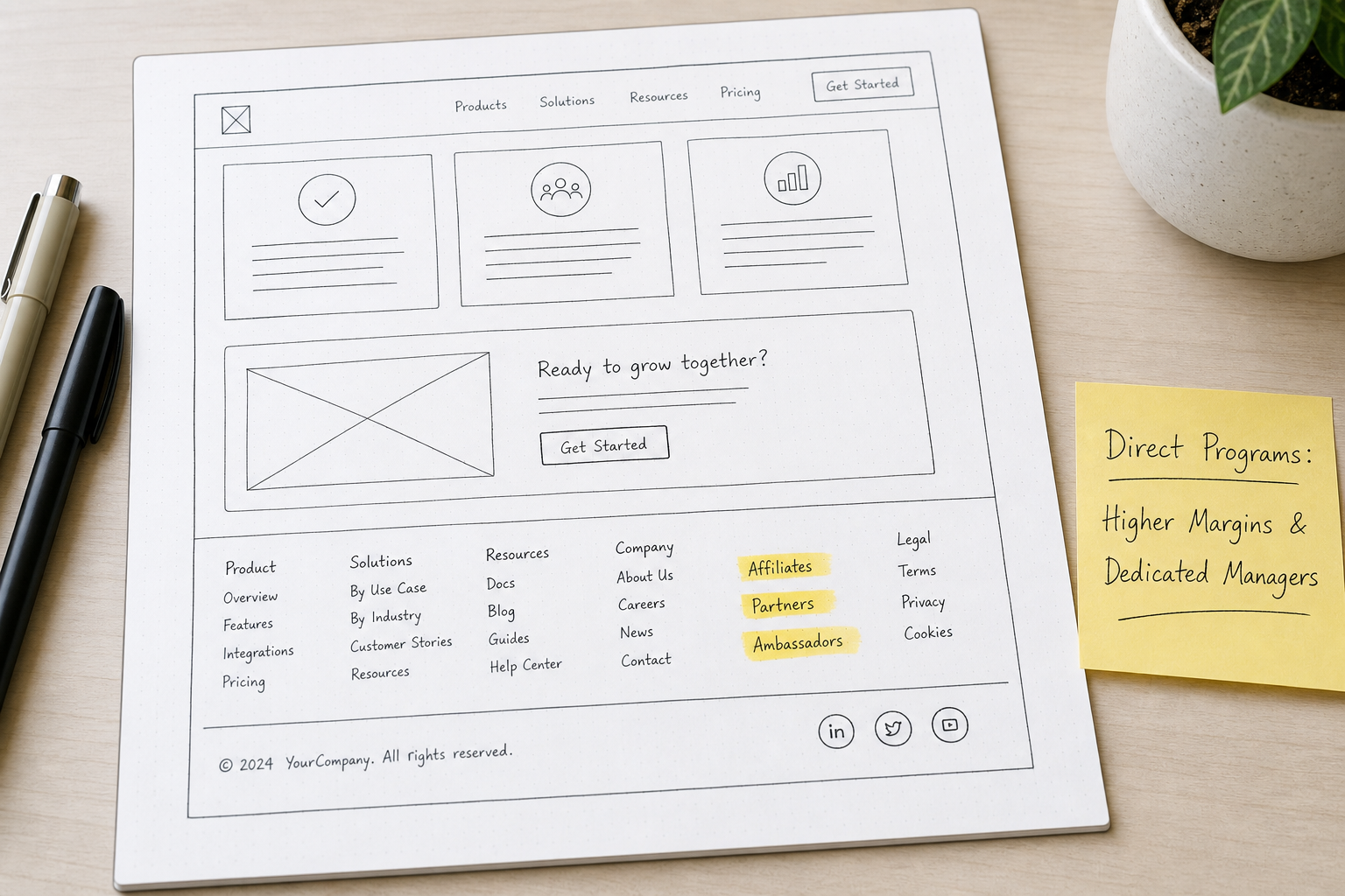 Wireframe diagram highlighting where to find affiliate and partner program links in website footers.