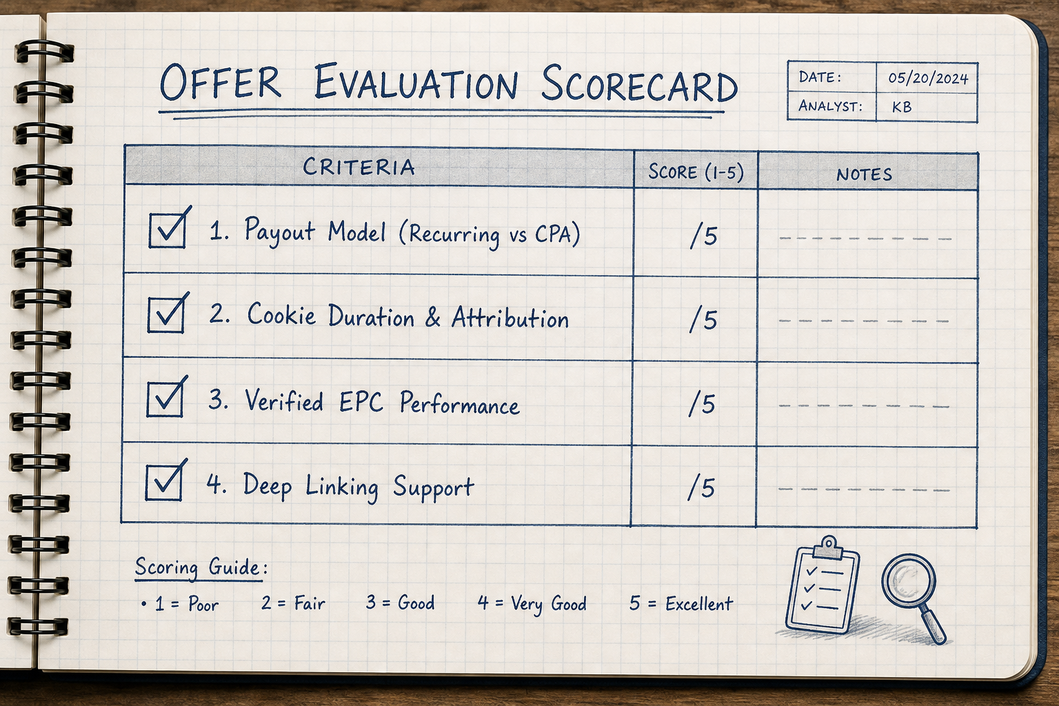 Checklist illustration detailing the four key metrics for evaluating an affiliate program offer.